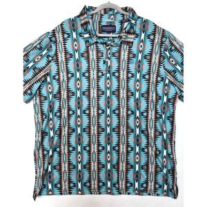 Panhandle Polo Shirt Mens 2XL Blue Aztec Western Print Stretch Performance